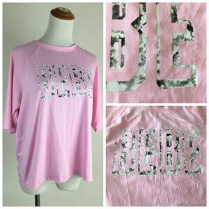 BEBE Sport Short Sleeve Pink Gray White Logo Print Perf Mesh Shoulder Shirt